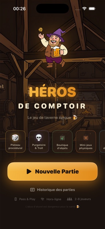 Écran d'accueil de l'app Héros de Comptoir
